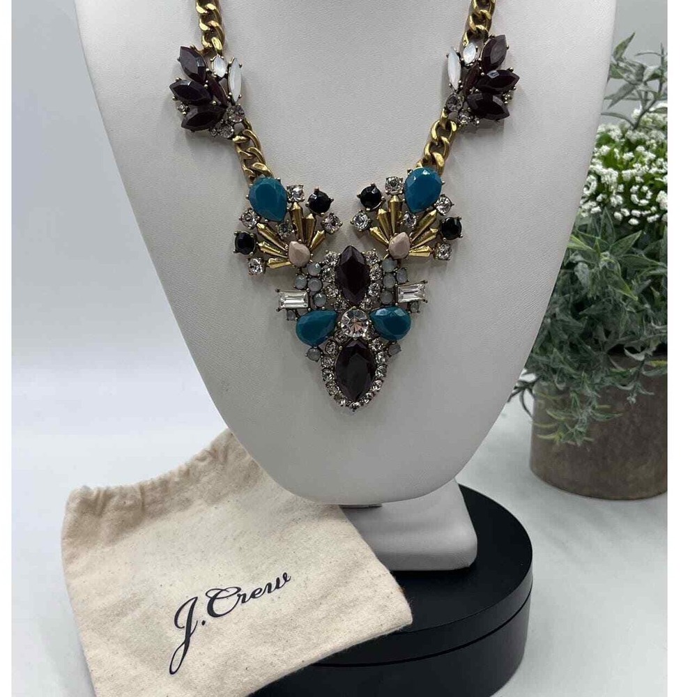 J. Crew Vintage Art Deco Blue Brown Rhinestone Stacked Statement‎ Necklace